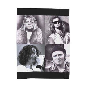 May include: Black and white photo collage of four musicians. The musicians are all looking at the camera. The collage is divided into four squares.