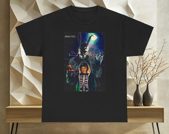 May include: Black t-shirt with a graphic print of a character from the movie "The Cabin in the Woods". The character is wearing a mask with rabbit ears and holding a knife. The text "2012-12-12" is printed on the shirt.