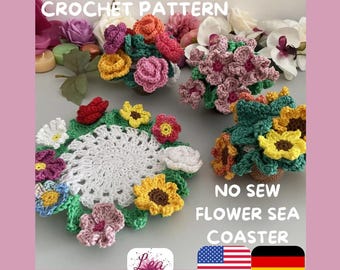 No Sew Blumenuntersetzer crochet pattern flower coaster Häkelanleitung