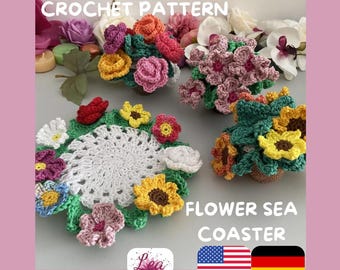 No Sew Blumenuntersetzer crochet pattern flower coaster Häkelanleitung