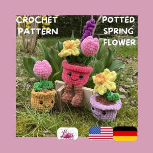 Könnte beinhalten: Häkelanleitung für Topfblumen im Frühling. Das Bild zeigt vier lächelnde Häkelflora in Töpfen. Die Blumen sind rosa, gelb und lila, mit grünen Blättern und braunen Töpfen. Der Text "CROCHET PATTERN" und "POTTED SPRING FLOWER" sind sichtbar.