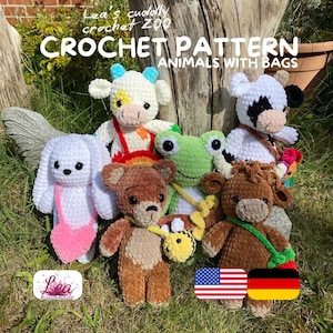 Animals with Bags Häkelanleitung pattern Kuh highland cow Hochlandrind Hase bunny Bär bear Frosch frog crochet pattern