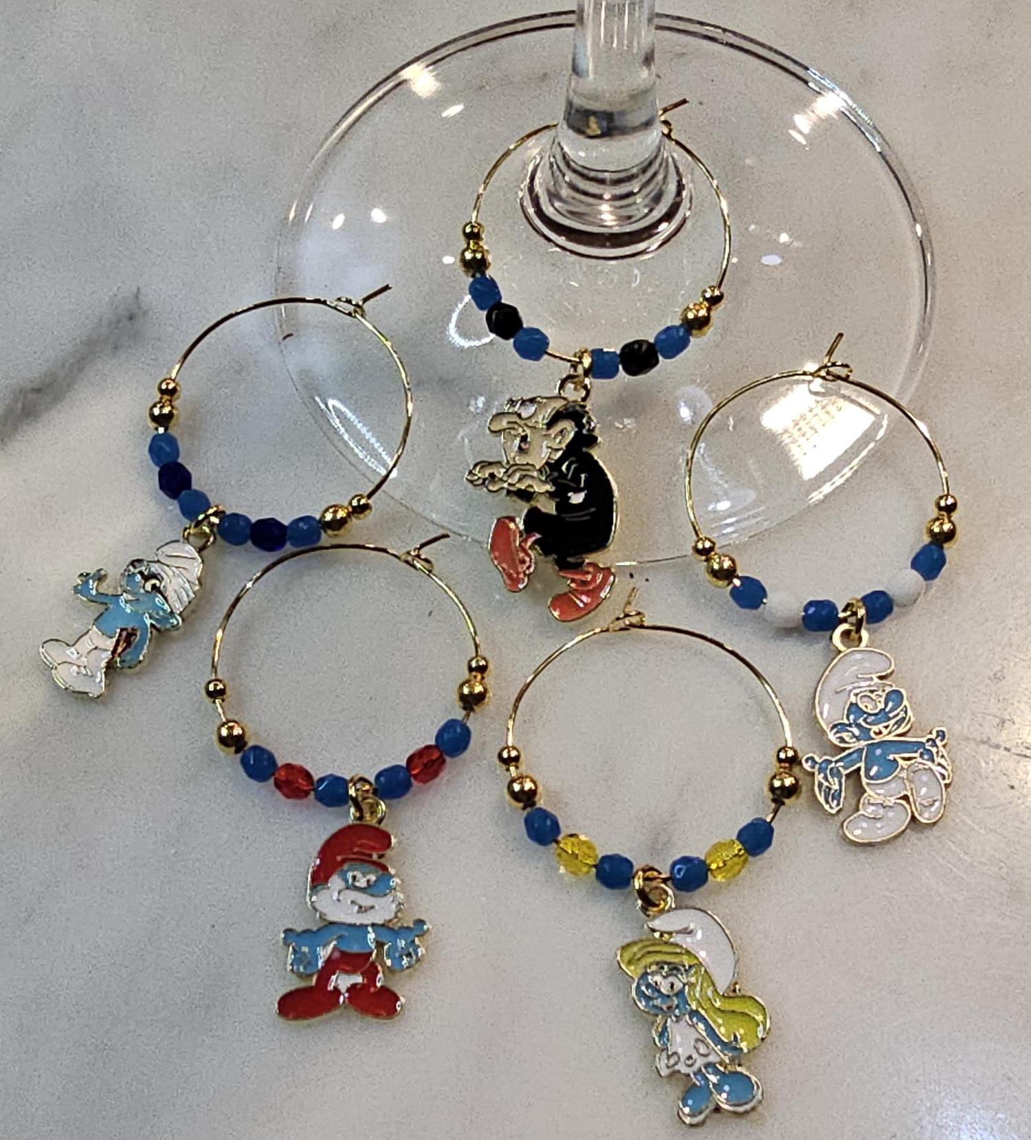 Smurf Smurfs Inspired Themed Wine Charms w/Pouch Set of 5 Gold tone