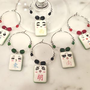 Mahjong Wine Charms Made of Clay set of 6 w Pouch