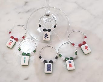 Mahjong Wine Charms Made of Plastic set of 6 w Pouch