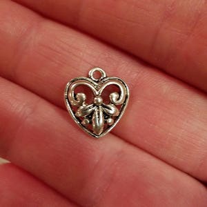 Silver Tone Fleur De Lis Heart Pattern Charms Findings 6 PC