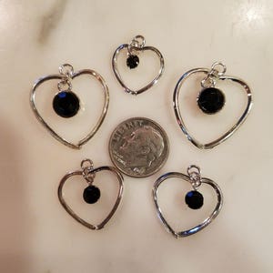 Silver Tone Heart with Dangle Black Rhinestone 5 pc Charms Findings