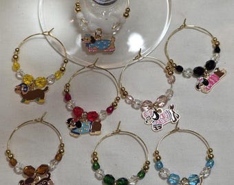 Dachshund in Outfits Sweaters Hats Set of 8 Wine Charms w pouch
