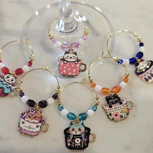 Cat Kitten Kitty in Tea Coffee Cup Wine Charms w Pouch