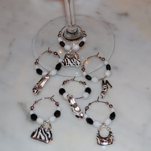 High Heel  Purse Lover  Black White  Charms  Wine Charms w pouch