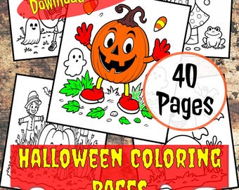 May include: A collection of Halloween coloring pages featuring various spooky characters and scenes. The pages include a skeleton, a witch, a pumpkin character, and a scarecrow. The text "Download and print" and "40 Pages" are visible. The title "Halloween Coloring Pages" is also displayed.