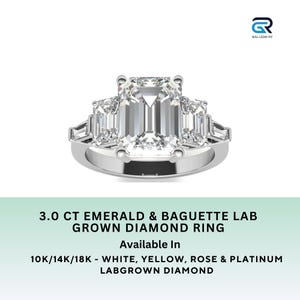 3.0CT Lab Grown Emerald & Baguette Diamond Ring for Her | Elegant Engagement Ring | Customizable Wedding Ring | IGI / GIA Certified Diamond