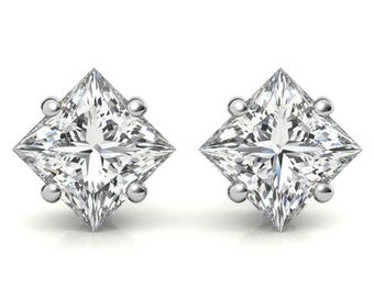 Aretes de diamantes cultivados en laboratorio de talla princesa en oro de 10/14/18 quilates. Aretes de diamantes cuadrados de 3 quilates para mujer.