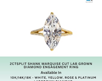 Exquisito anillo de corte marquesa con vástago dividido, anillo de compromiso con diamantes cultivados en laboratorio de 2 quilates, elegante anillo de novia con vástago dividido, regalo de boda y aniversario.