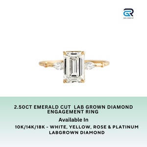 2.50CT Emerald Cut Lab Diamond 5 Stone Engagement Ring, Prong Set CVD Diamond Wedding Ring, 14K Gold Ring for Women