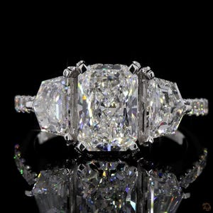 3.0 Carat Radiant Cut Lab Grown Diamond | Three Stone Engagement Ring | Cadillac Side Stones | IGI Certified Diamond Ring | 10/14/18K Gold