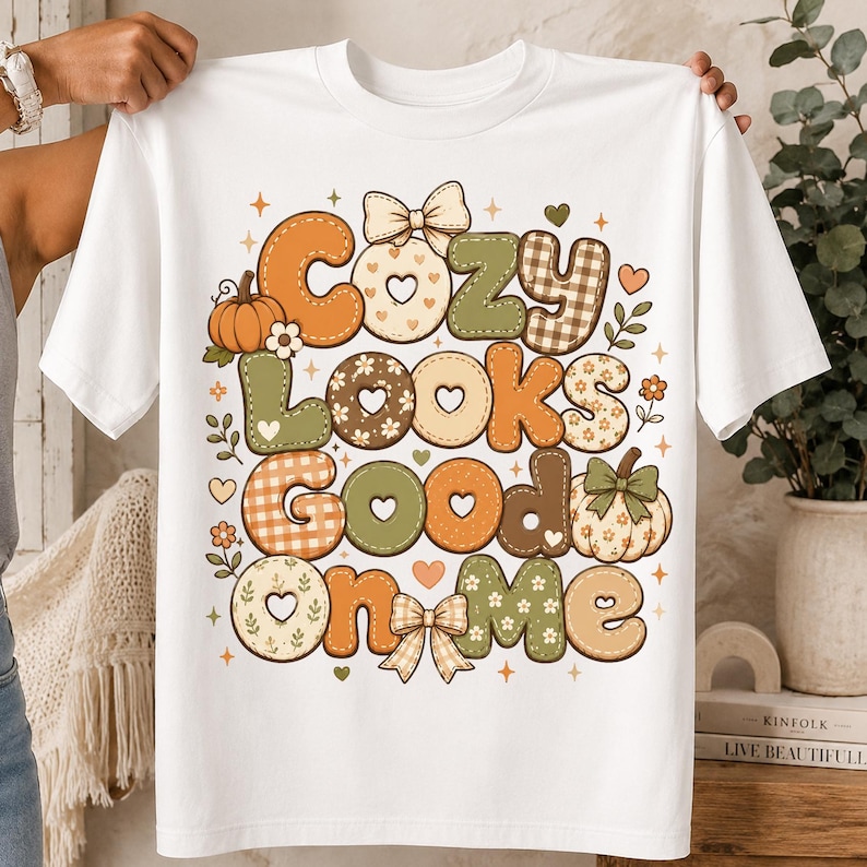 May include: A white t-shirt featuring a graphic print with the text "Cozy Looks Good On Me" in a stylized, multi-colored font. The design includes illustrations of pumpkins, bows, and heart shapes in shades of orange, green, and beige.