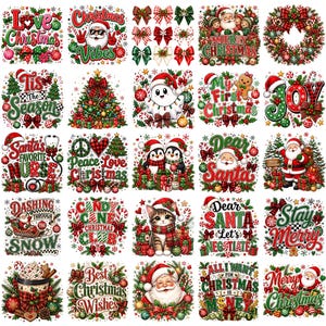 May include: A collection of twenty-five square Christmas-themed graphic designs featuring Santa Claus, penguins, a cat, a ghost, and festive text like Love Christmas, Christmas Vibes, Merry Christmas, Joy, and Dear Santa with red and green accents.