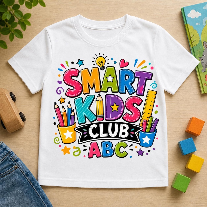 May include: White t-shirt with a colorful graphic that reads "SMART KIDS CLUB ABC". The design includes pencils, a ruler, stars, and a lightbulb. The shirt is displayed on a wooden surface with toys and a book.