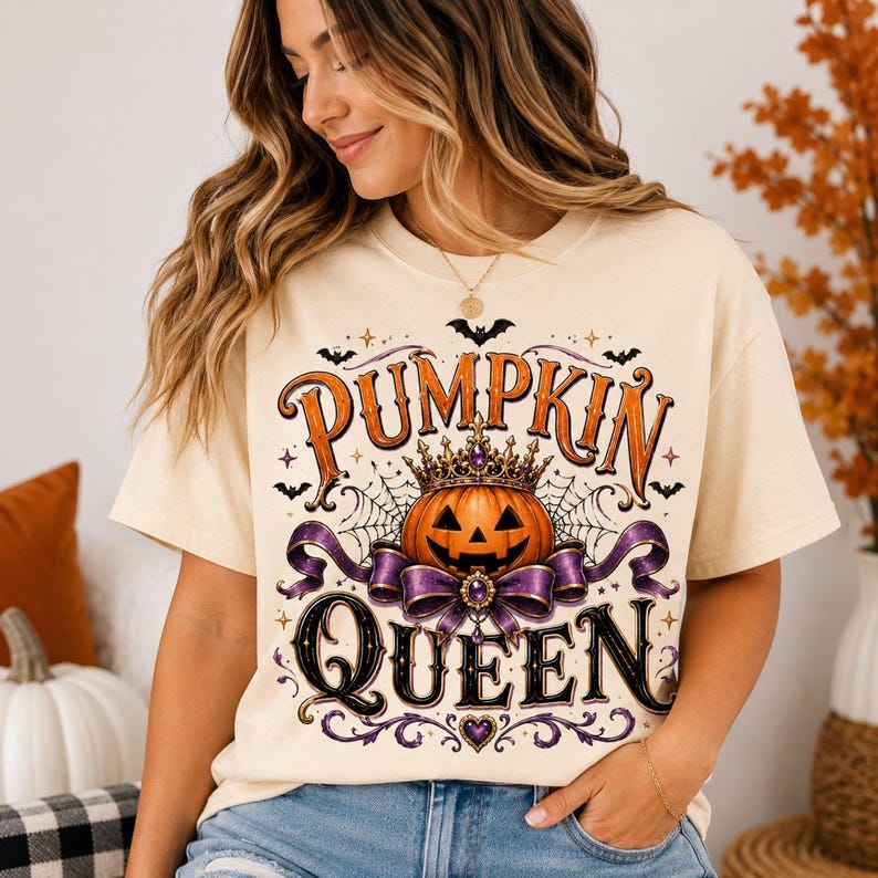 May include: A cream-colored short-sleeve t-shirt featuring a graphic print of a jack-o'-lantern wearing a crown, surrounded by a spiderweb, purple ribbons, and bats. The text PUMPKIN QUEEN is printed in large orange and black decorative lettering.