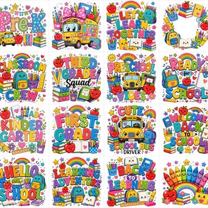 Può includere: Una collezione di sedici illustrazioni digitali colorate con disegni a tema scolastico con testi come Pre-K, Third Grade Squad, Preschool Vibes, Ready for School, Kindergarten, First Grade, School Bus Driver e Welcome Back to School.
