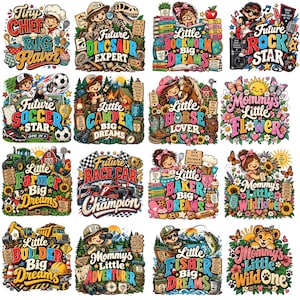 Puede incluir: Una colección de dieciséis ilustraciones gráficas coloridas que muestran a niños en varios roles como chef, experto en dinosaurios, ratón de biblioteca, estrella de rock, jugador de fútbol, campista, amante de los caballos, flor, granjero, piloto de carreras, panadero, flor silvestre, constructor, aventurero, pescador y niño salvaje.
