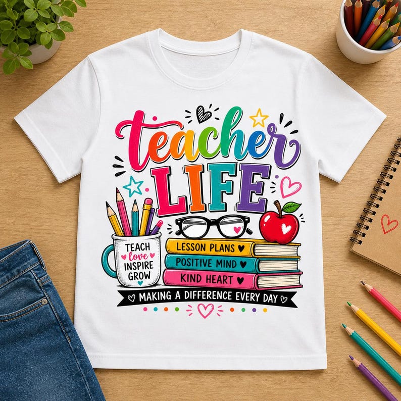 May include: White t-shirt with a colorful graphic that reads "Teacher Life." The design includes pencils, books, an apple, and the phrases "Teach Love Inspire Grow," "Lesson Plans," "Positive Mind," and "Kind Heart." The shirt is a crew neck.