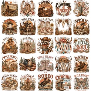Western Cowgirl PNG-paket | 39 sublimeringsdesigner med vilda hjärtan och lantliga soulmotiv | Boho Cowgirl-skjorta DTF | Rodeo PNG | Omedelbar digital nedladdning