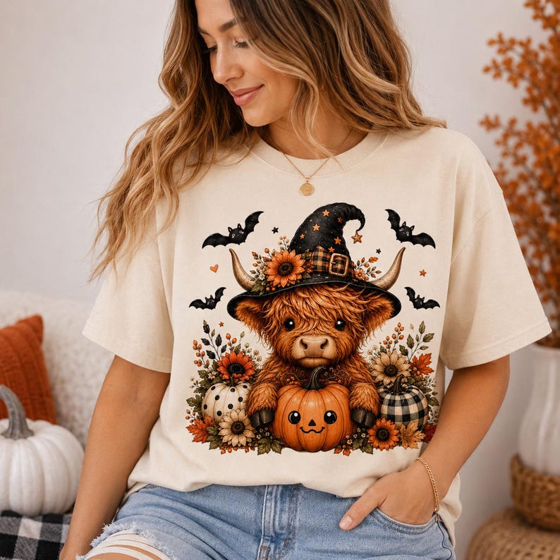 May include: A cream-colored t-shirt featuring a graphic of a fluffy brown Highland cow wearing a black witch hat with a plaid band. The cow is surrounded by sunflowers, autumn leaves, small bats, and pumpkins with polka dot and plaid patterns.