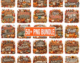 Könnte beinhalten: Eine Sammlung von 25 digitalen Grafikdesigns mit Herbstmotiven, Kürbissen, Sonnenblumen und Herbstlaub. Jedes quadratische Bild enthält dekorative Typografie mit Schriftzügen wie Pumpkin Season, Harvest Time und Give Thanks in warmen Farben.