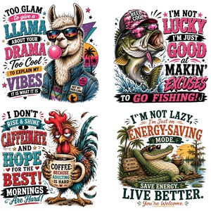 K&ouml;nnte beinhalten: Vier grafische Designs mit einem Lama mit Sonnenbrille, das eine Kaugummiblase macht, einem Fisch mit M&uuml;tze und Sonnenbrille, einem Hahn mit einer Kaffeetasse und einem Krokodil, das auf einem Baumstamm entspannt. Jedes Design enth&auml;lt bunten Text.