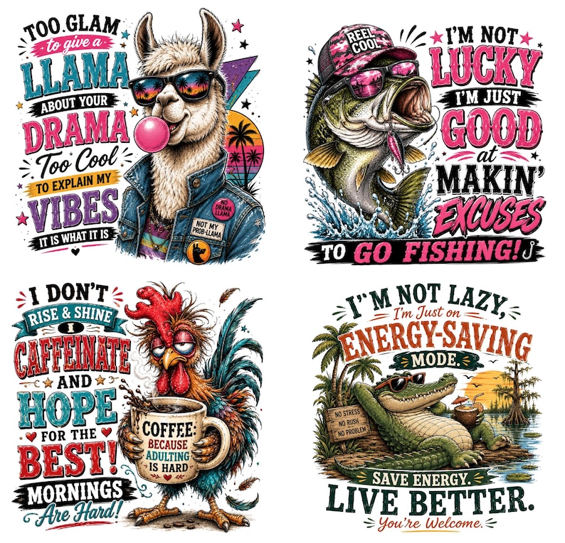 K&ouml;nnte beinhalten: Vier grafische Designs mit einem Lama mit Sonnenbrille, das eine Kaugummiblase macht, einem Fisch mit M&uuml;tze und Sonnenbrille, einem Hahn mit einer Kaffeetasse und einem Krokodil, das auf einem Baumstamm entspannt. Jedes Design enth&auml;lt bunten Text.