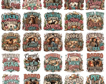Pacchetto di 47 immagini PNG di cowgirl del West, immagini PNG di ragazze del rodeo, disegni per sublimazione di cowgirl del selvaggio West, grafica country western, immagini PNG dell'era delle cowgirl.