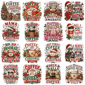 Puede incluir: Una colección de dieciséis ilustraciones digitales festivas que presentan tazas de café, tazones y vasos decorados con temas navideños, incluyendo gorros de Santa, ramas de pino, flores de pascua, galletas de jengibre y varios lemas.