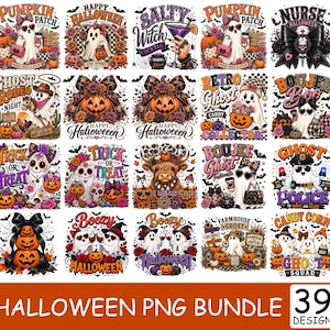 May include: A digital collection of 20 Halloween-themed graphic designs featuring ghosts, pumpkins, skulls, and festive text. The illustrations include various characters like a ghost police officer, a cow, and witches, decorated with bows, flowers, and patterns.