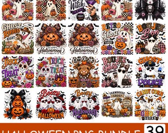 May include: A digital collection of 20 Halloween-themed graphic designs featuring ghosts, pumpkins, skulls, and festive text. The illustrations include various characters like a ghost police officer, a cow, and witches, decorated with bows, flowers, and patterns.