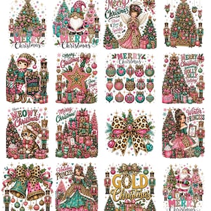 Può includere: Una collezione di sedici illustrazioni grafiche a tema natalizio con schiaccianoci, alberi decorati, regali, ornamenti e personaggi come un angelo, un gatto e principesse, in una palette di colori rosa, turchese e stampa leopardata.