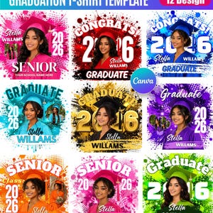 May include: A graduation t-shirt template with 12 designs. Each design features a photo of a woman wearing a graduation cap, the year 2026, and the name "Stella Willams". The designs use various colors and the words "Senior" and "Graduate".