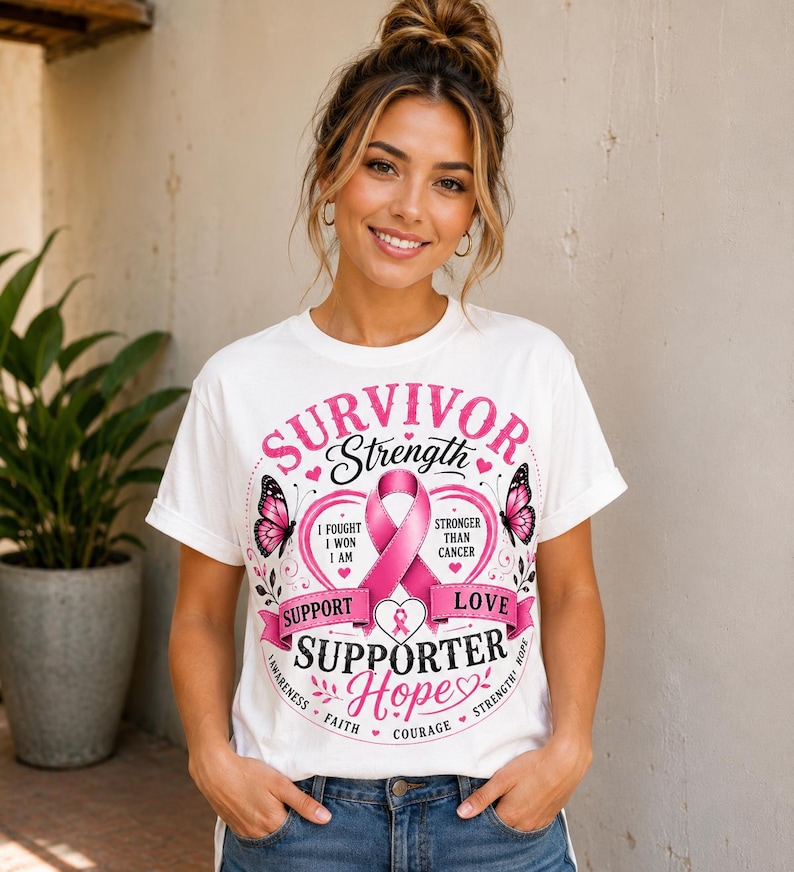 May include: White t-shirt with a pink ribbon design, butterflies, and the words "Survivor Strength, Support, Love, Supporter, Hope." The shirt also includes the phrases "I fought, I won, I am" and "Stronger than cancer."