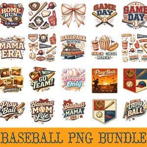 May include: A collection of baseball-themed PNG graphics featuring various designs. Includes baseballs, bats, gloves, and text like "Home Run," "Game Day," and "Baseball Mom Life." The designs are in a vintage, retro style with a variety of colors.