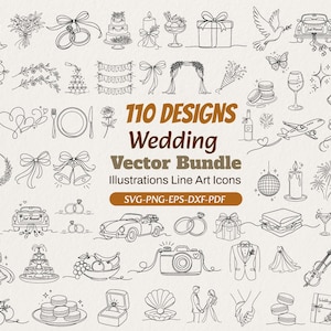 Whimsical Wedding SVG Clipart Bundle, Wedding Line Art Icons, Bridal SVG Bundle, Romantic Vector Illustrations for Cricut
