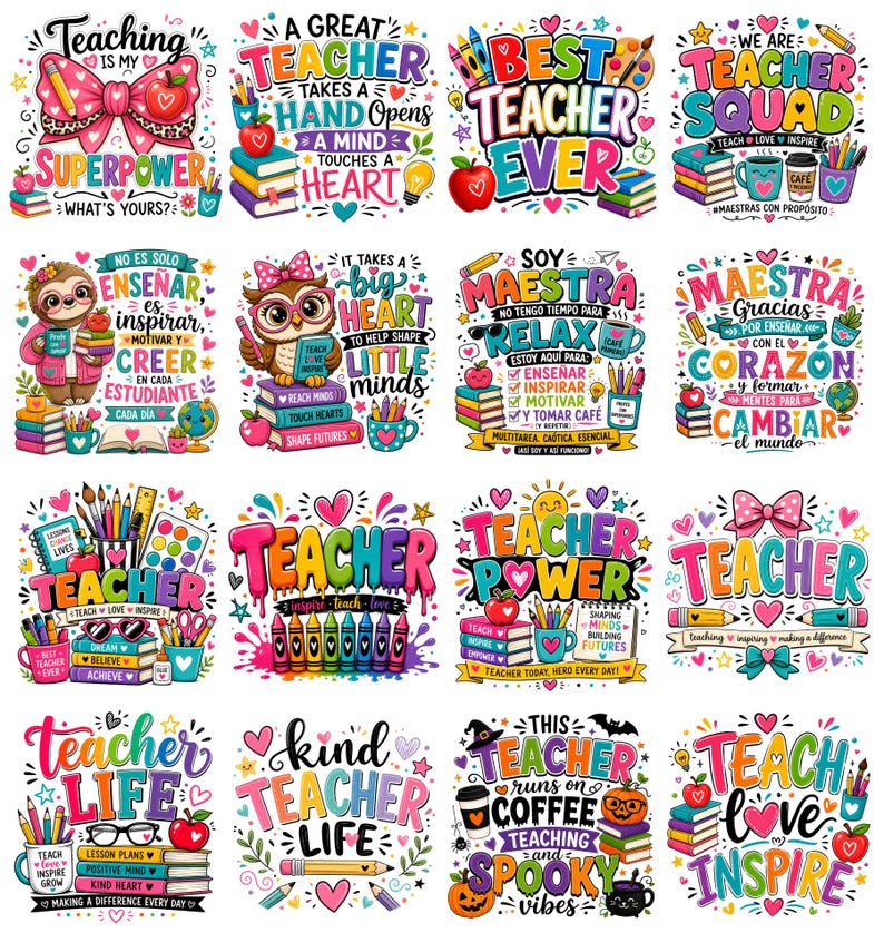May include: A collection of colorful teacher-themed graphics with various text designs. The designs include phrases like "Teaching is my Superpower," "Best Teacher Ever," and "Teacher Life," along with illustrations of apples, books, and pencils.