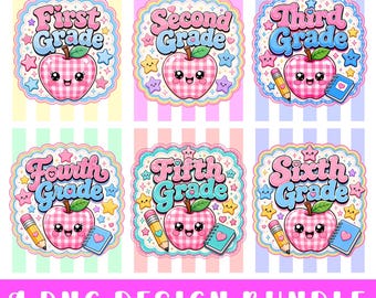 Pacchetto PNG "Preppy Teacher Apple", PNG "Pink Gingham School", Design dalla prima alla sesta elementare, PNG "Back To School", Maglietta per il primo giorno di scuola