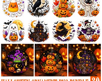May include: A digital collection of 30 Halloween-themed circular designs featuring ghosts, candy corn, a raven, jack-o'-lanterns, a mummy, a haunted house, a witch, and a skeleton, alongside three round ornaments displaying similar spooky illustrations.