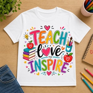 May include: White t-shirt with a colorful graphic that says "TEACH LOVE INSPIRE". The design includes hearts, apples, books, and pencils. The shirt is a crew neck and appears to be made of cotton.