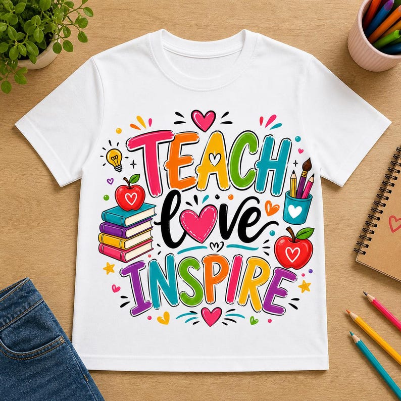 May include: White t-shirt with a colorful graphic that says "TEACH LOVE INSPIRE". The design includes hearts, apples, books, and pencils. The shirt is a crew neck and appears to be made of cotton.