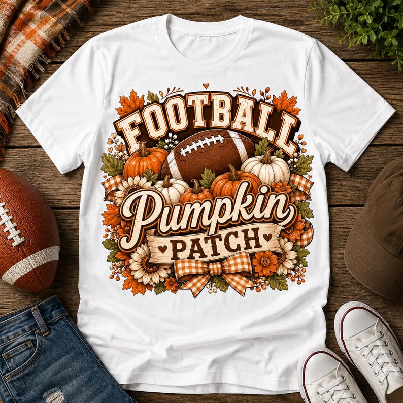 Op de afbeelding: Een wit t-shirt met een grafische print van een bruine football, oranje en witte pompoenen, zonnebloemen en herfstbladeren. De tekst luidt "FOOTBALL" in bruine blokletters en "Pumpkin PATCH" in bruin cursief schrift op een banner.