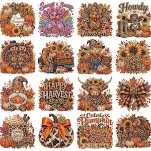 May include: A collection of sixteen digital illustrations featuring autumn themes including turkeys, pumpkins, sunflowers, gnomes, and cows with leopard print and plaid patterns. Text elements include Happy Thanksgiving, Sweet & Sassy, Thankful, Howdy, Harvest, Happy Harvest, Cutest Pumpkin In The Patch, and Pumpkin Spice Coffee.