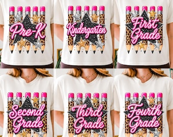 Preppy Back to School Pencil PNG Bundle, Pre-K to Fourth Grade PNG, Kindergarten First Day of School Design, Leopard Checkered School Shirt,