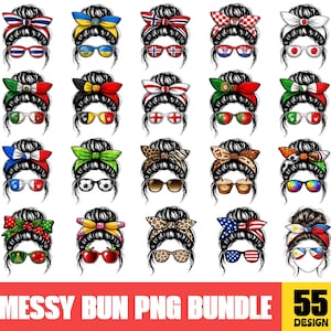 Peut inclure: Un ensemble graphique numérique présentant 20 illustrations de visages de femmes avec des chignons décoiffés, des lunettes de soleil et des bandeaux. Les bandeaux et les lunettes présentent divers motifs de drapeaux. Le texte "MESSY BUN PNG BUNDLE" est en bas.